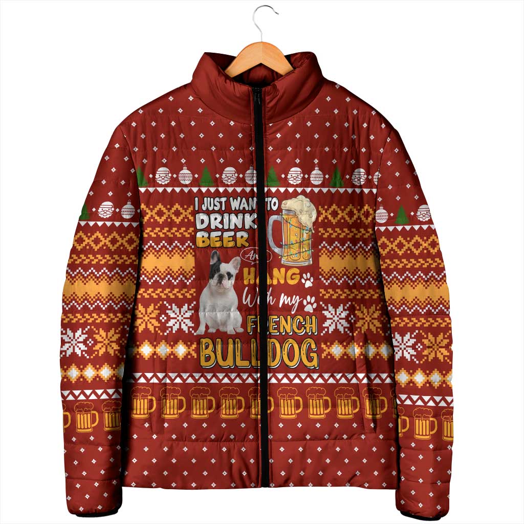 Drink Beer With French Bulldog Christmas Padded Jacket Xmas Holiday Patterns - Wonder Print Shop