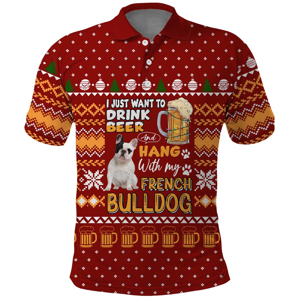 Drink Beer With French Bulldog Christmas Polo Shirt Xmas Holiday Patterns - Wonder Print Shop