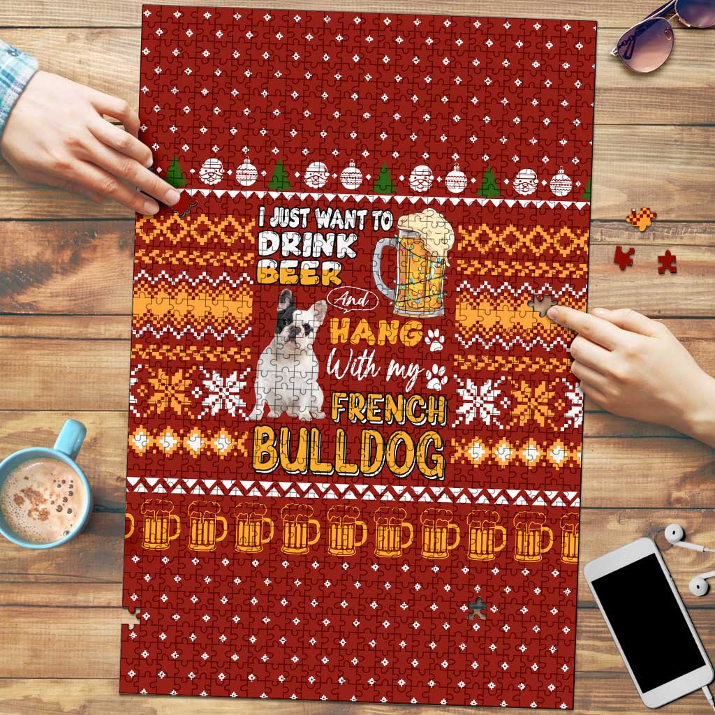 Drink Beer With French Bulldog Christmas Puzzle Xmas Holiday Patterns - Wonder Print Shop