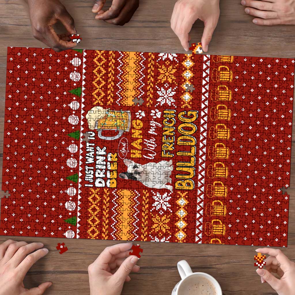 Drink Beer With French Bulldog Christmas Puzzle Xmas Holiday Patterns - Wonder Print Shop