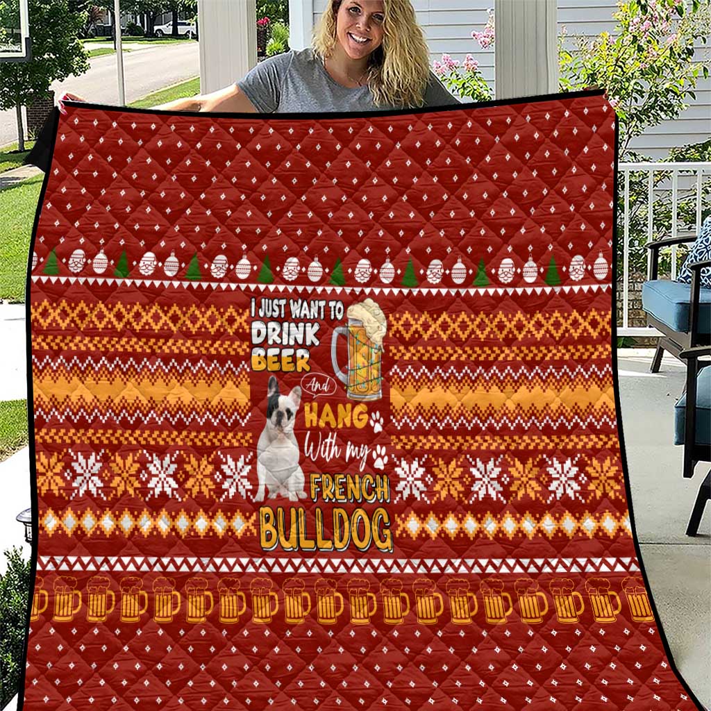 Drink Beer With French Bulldog Christmas Quilt Xmas Holiday Patterns - Wonder Print Shop