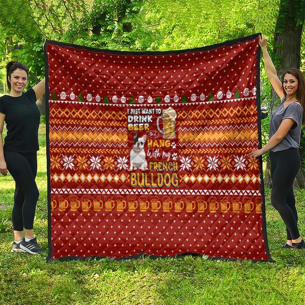 Drink Beer With French Bulldog Christmas Quilt Xmas Holiday Patterns - Wonder Print Shop