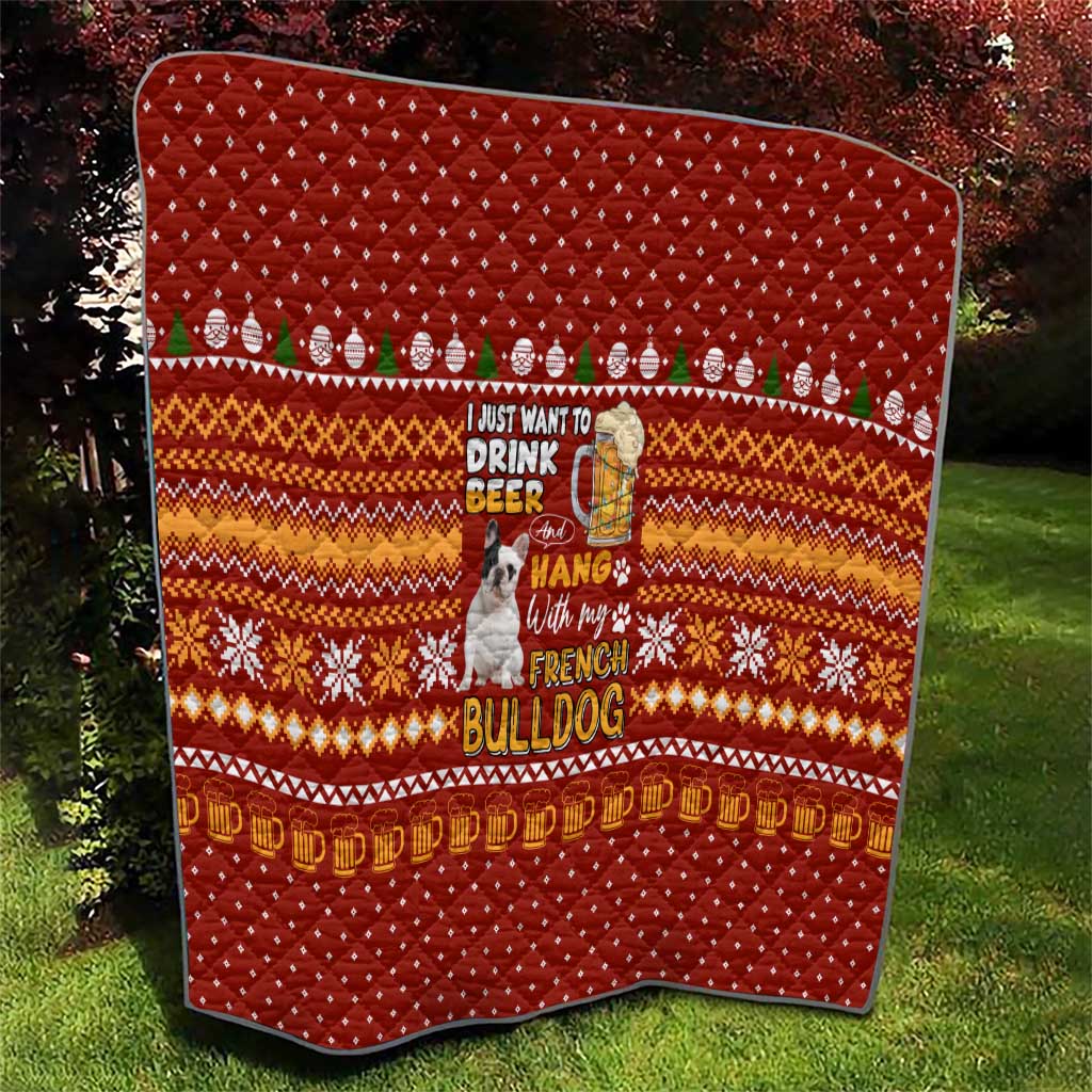 Drink Beer With French Bulldog Christmas Quilt Xmas Holiday Patterns - Wonder Print Shop
