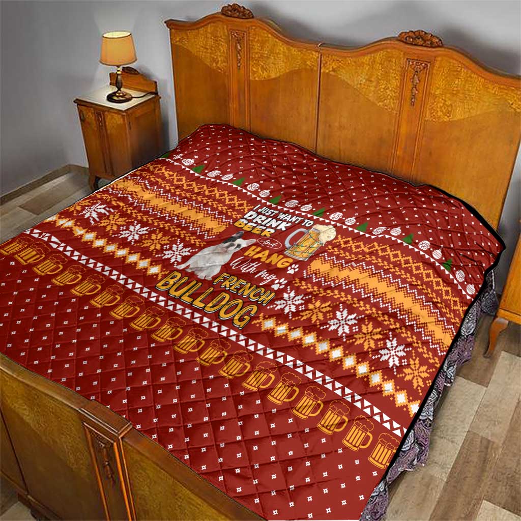 Drink Beer With French Bulldog Christmas Quilt Xmas Holiday Patterns - Wonder Print Shop
