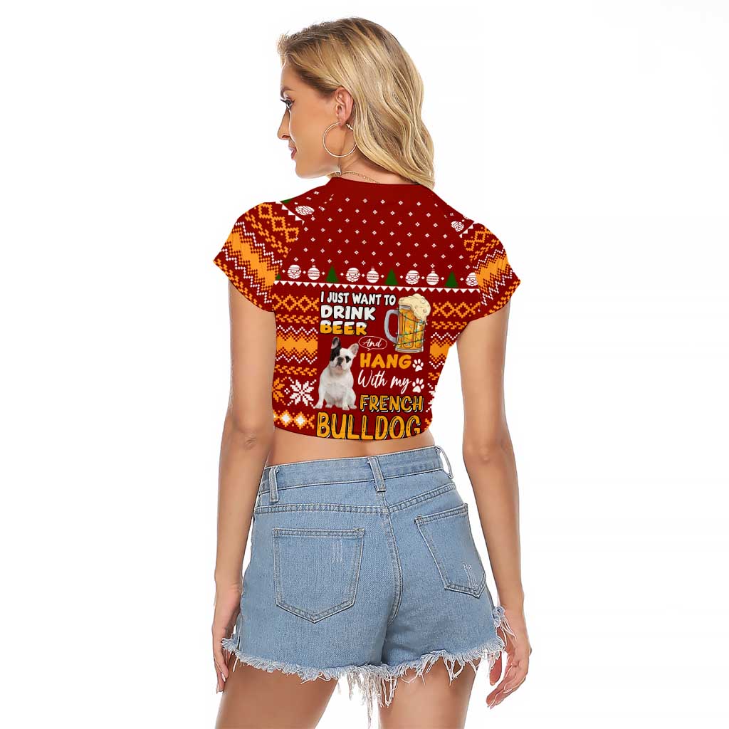 Drink Beer With French Bulldog Christmas Raglan Cropped T Shirt Xmas Holiday Patterns - Wonder Print Shop