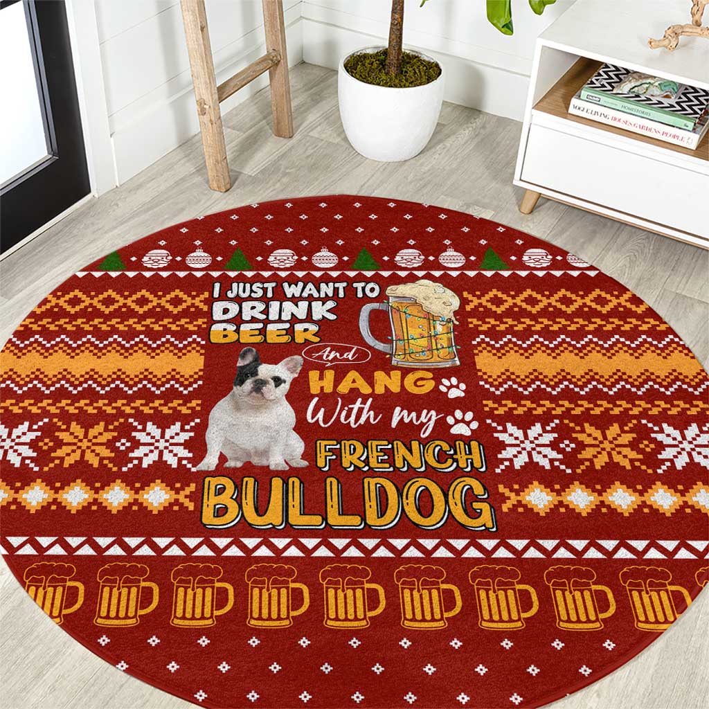 Drink Beer With French Bulldog Christmas Round Carpet Xmas Holiday Patterns - Wonder Print Shop