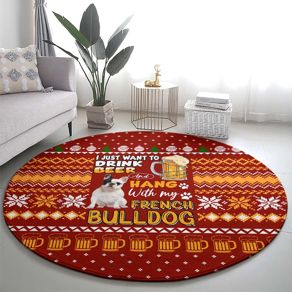 Drink Beer With French Bulldog Christmas Round Carpet Xmas Holiday Patterns - Wonder Print Shop