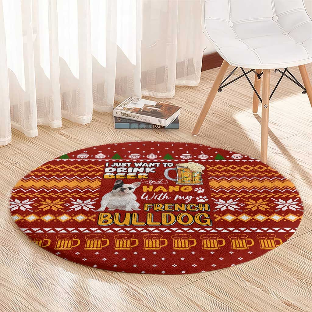 Drink Beer With French Bulldog Christmas Round Carpet Xmas Holiday Patterns - Wonder Print Shop