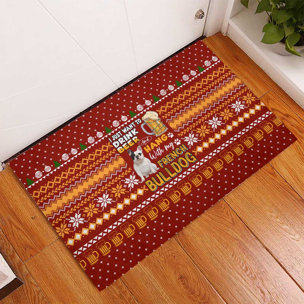 Drink Beer With French Bulldog Christmas Rubber Doormat Xmas Holiday Patterns - Wonder Print Shop