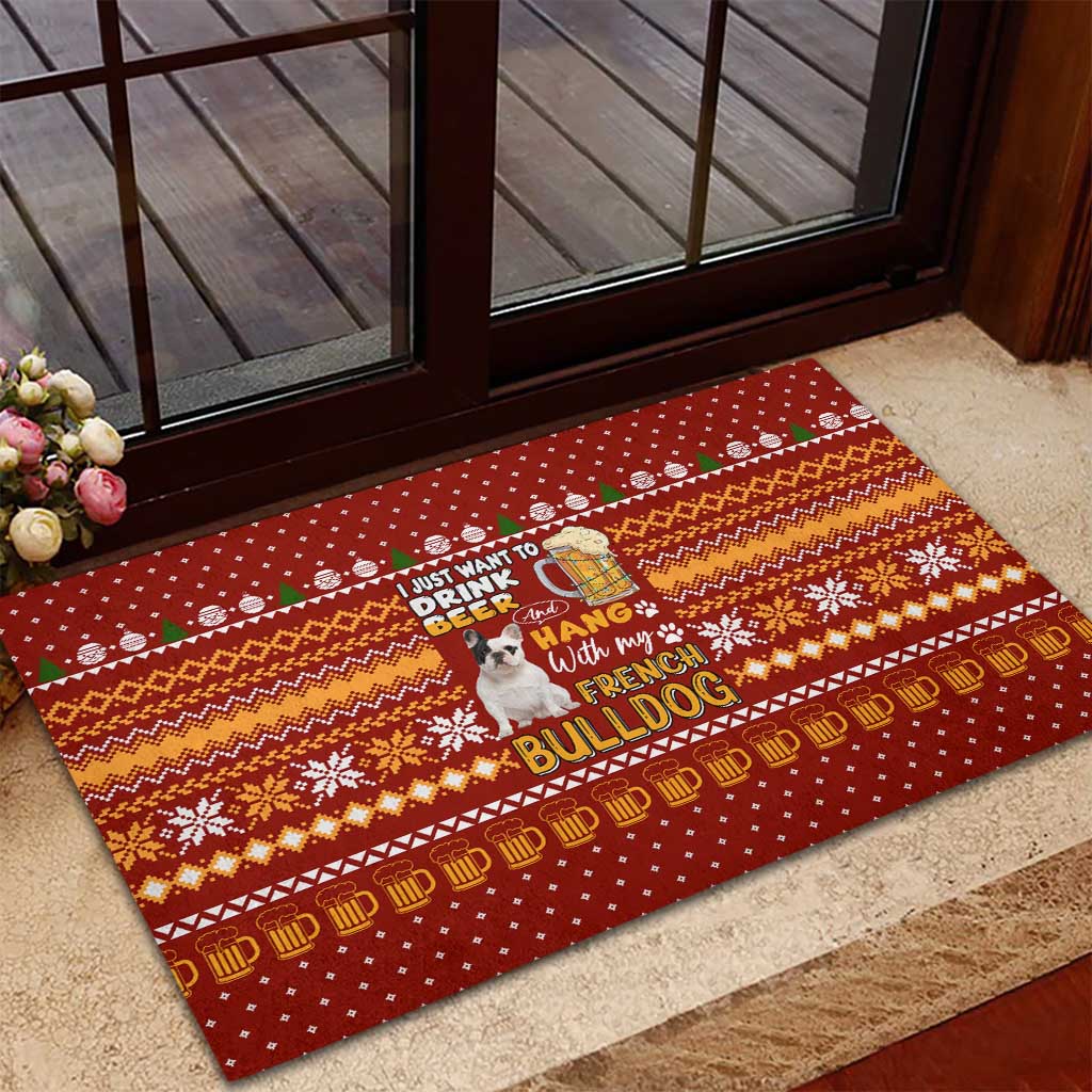 Drink Beer With French Bulldog Christmas Rubber Doormat Xmas Holiday Patterns - Wonder Print Shop