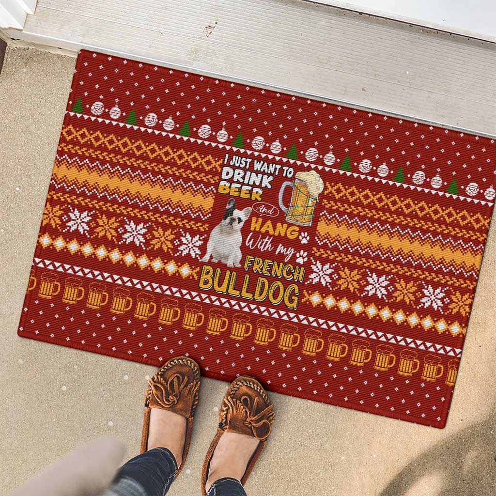Drink Beer With French Bulldog Christmas Rubber Doormat Xmas Holiday Patterns - Wonder Print Shop