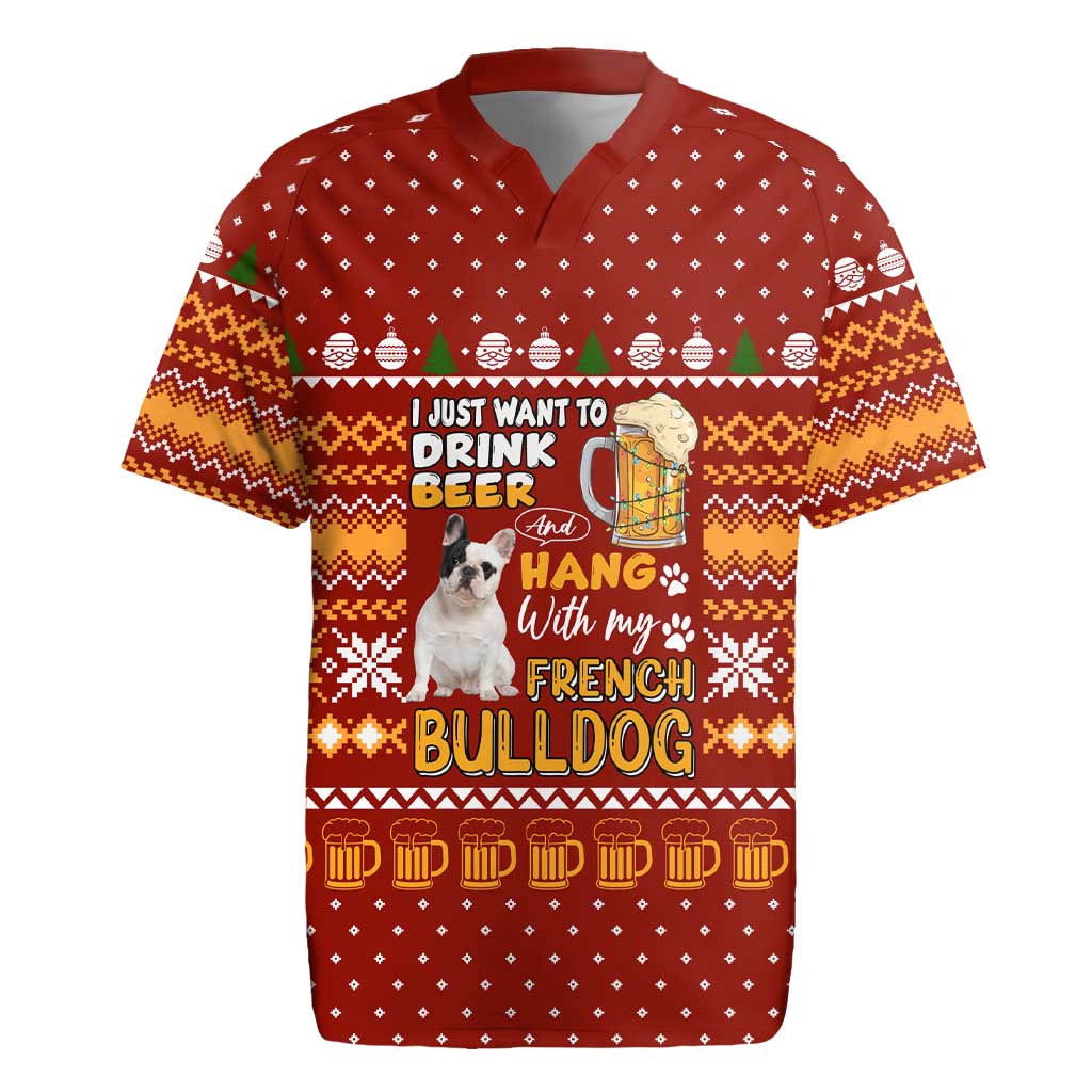 Drink Beer With French Bulldog Christmas Rugby Jersey Xmas Holiday Patterns - Wonder Print Shop