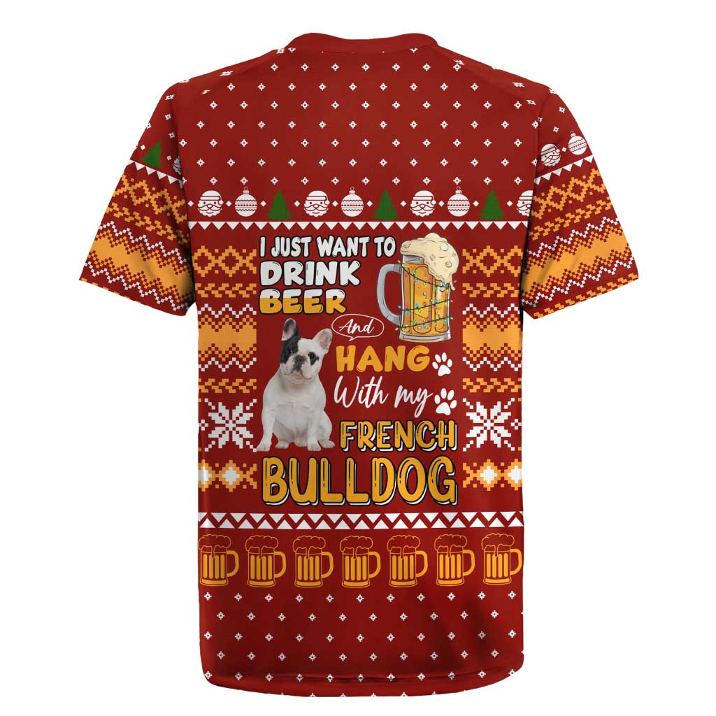 Drink Beer With French Bulldog Christmas Rugby Jersey Xmas Holiday Patterns - Wonder Print Shop