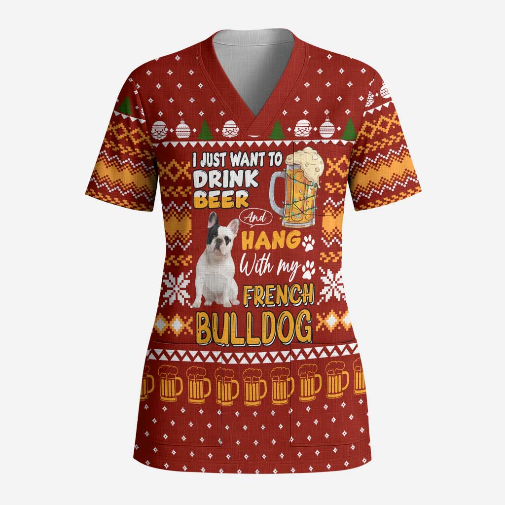 Drink Beer With French Bulldog Christmas Scrub Top Xmas Holiday Patterns - Wonder Print Shop