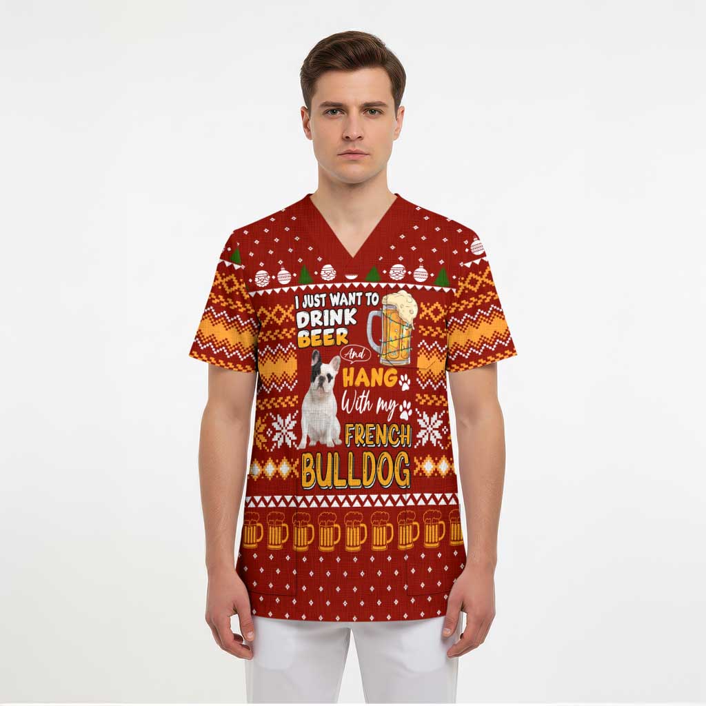 Drink Beer With French Bulldog Christmas Scrub Top Xmas Holiday Patterns - Wonder Print Shop