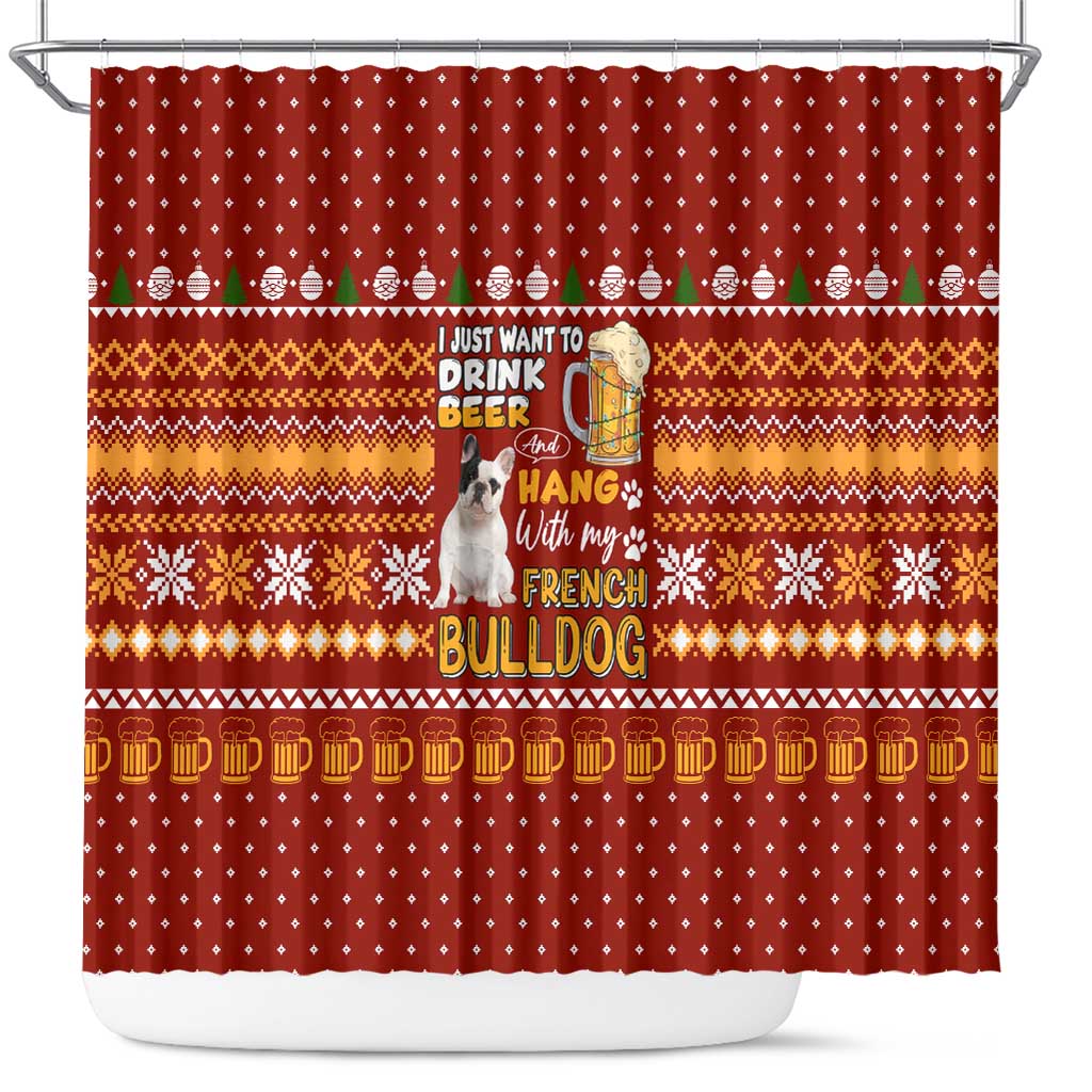Drink Beer With French Bulldog Christmas Shower Curtain Xmas Holiday Patterns - Wonder Print Shop