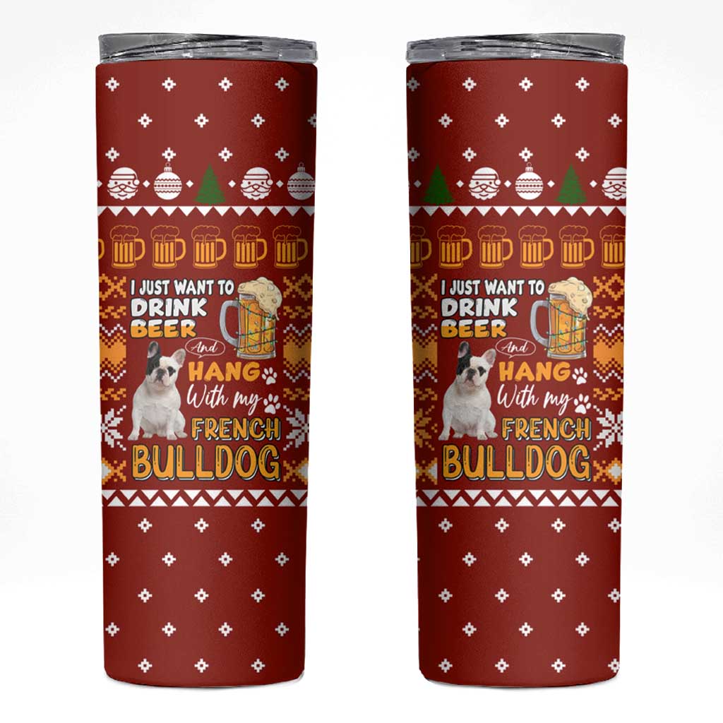 Drink Beer With French Bulldog Christmas Skinny Tumbler Xmas Holiday Patterns - Wonder Print Shop