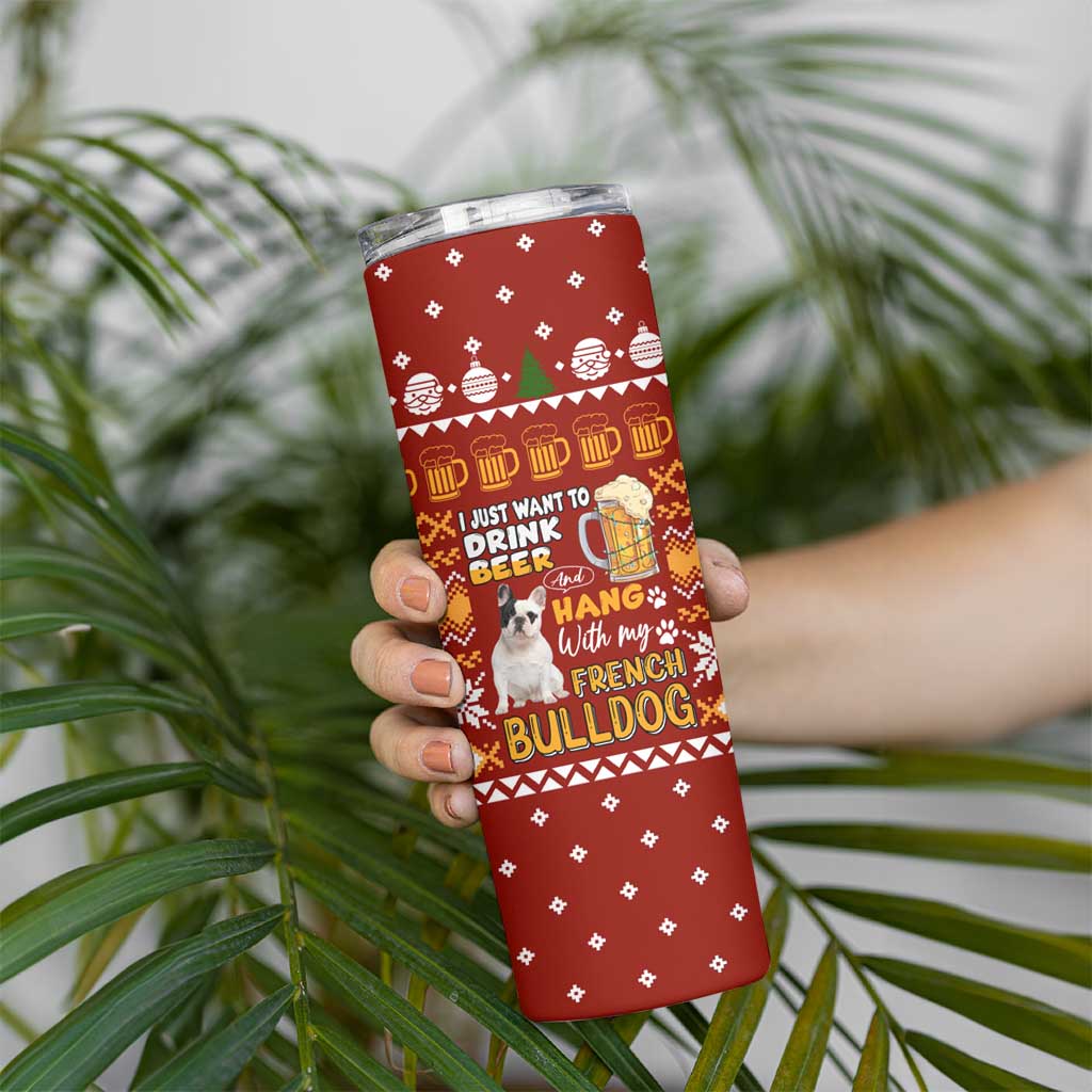 Drink Beer With French Bulldog Christmas Skinny Tumbler Xmas Holiday Patterns - Wonder Print Shop