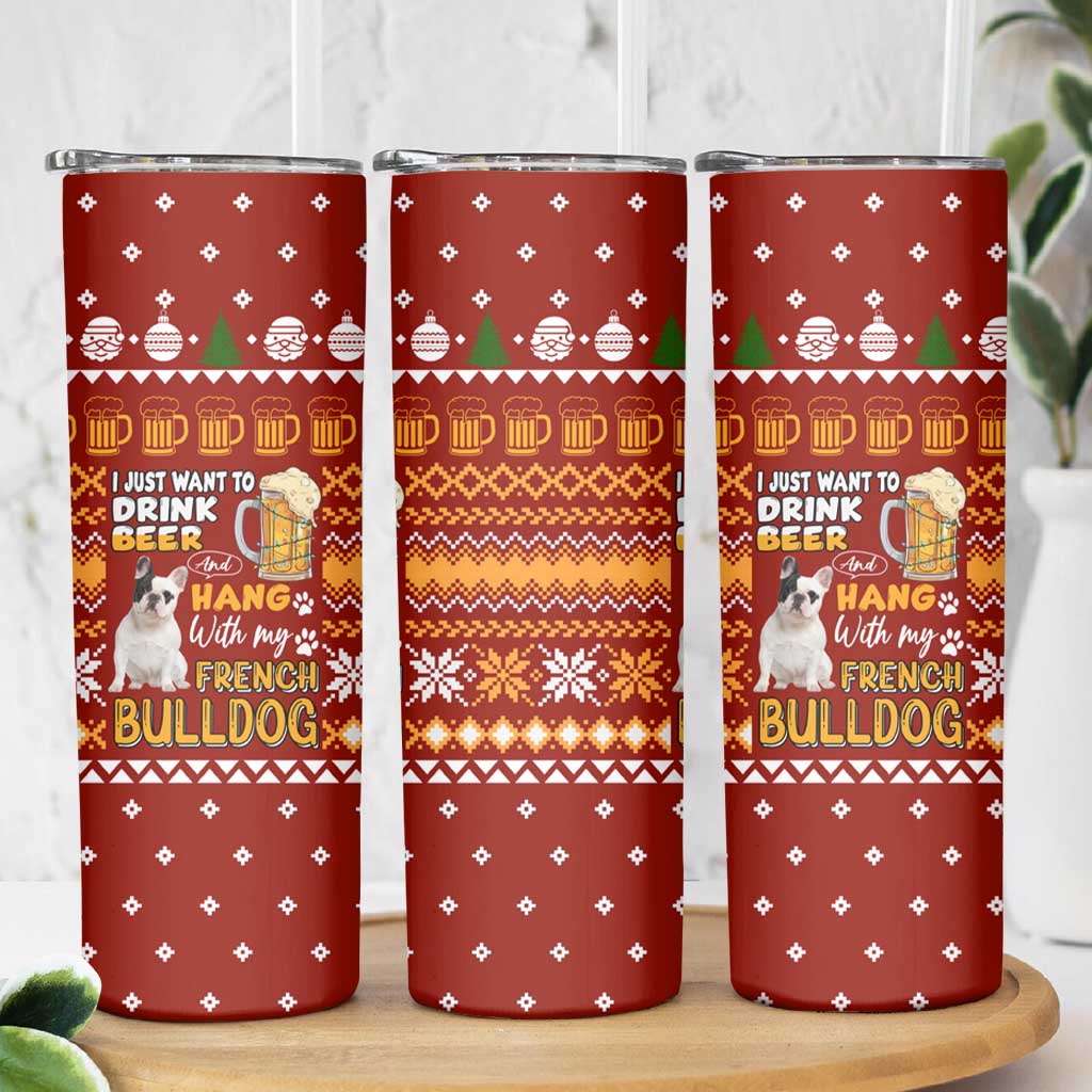 Drink Beer With French Bulldog Christmas Skinny Tumbler Xmas Holiday Patterns - Wonder Print Shop