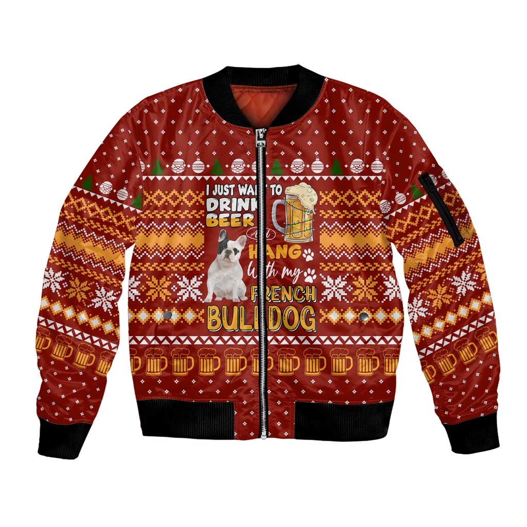 Drink Beer With French Bulldog Christmas Sleeve Zip Bomber Jacket Xmas Holiday Patterns - Wonder Print Shop