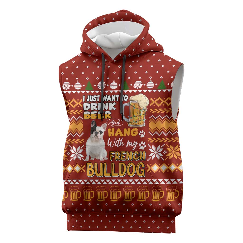 Drink Beer With French Bulldog Christmas Sleeveless Hoodie Xmas Holiday Patterns - Wonder Print Shop