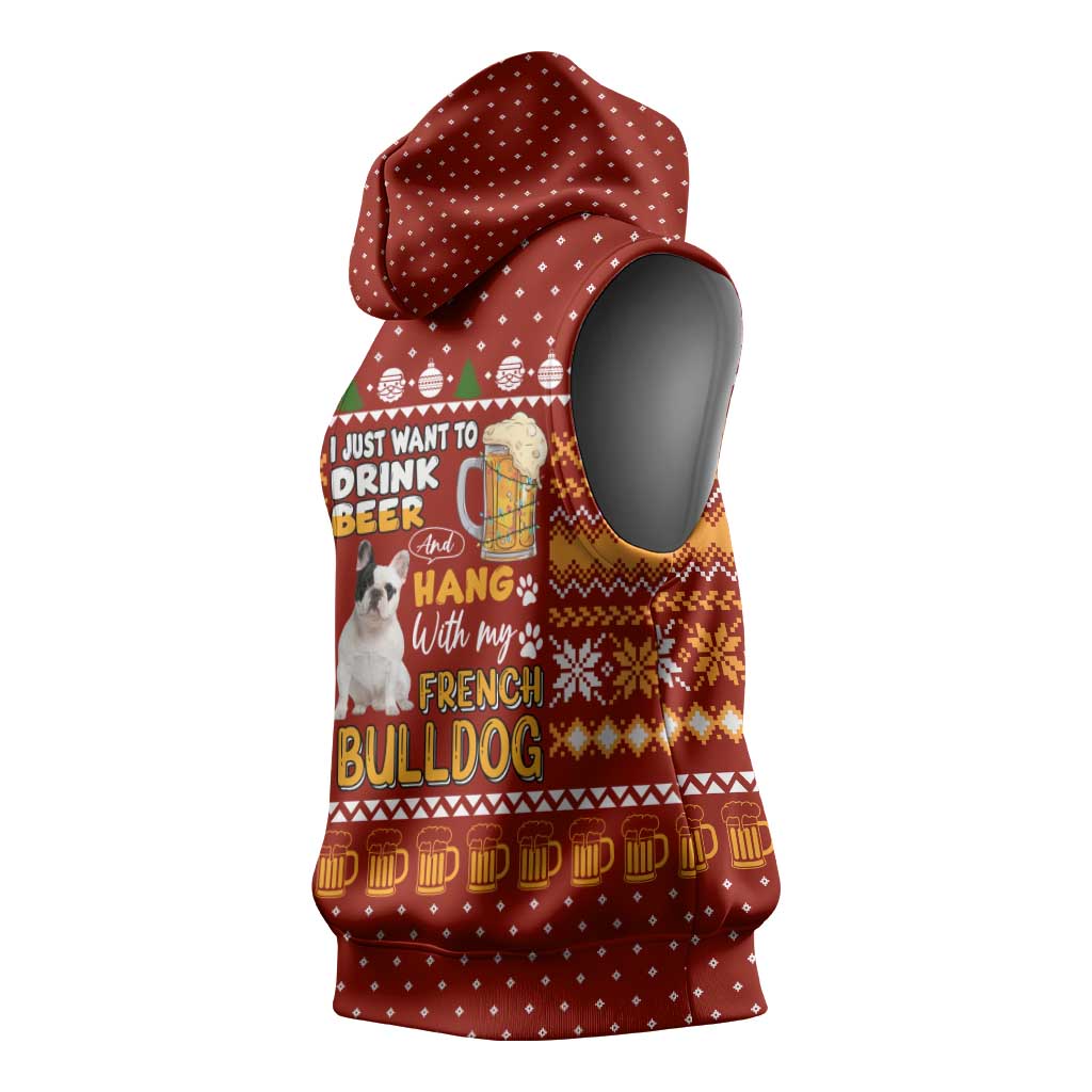 Drink Beer With French Bulldog Christmas Sleeveless Hoodie Xmas Holiday Patterns - Wonder Print Shop