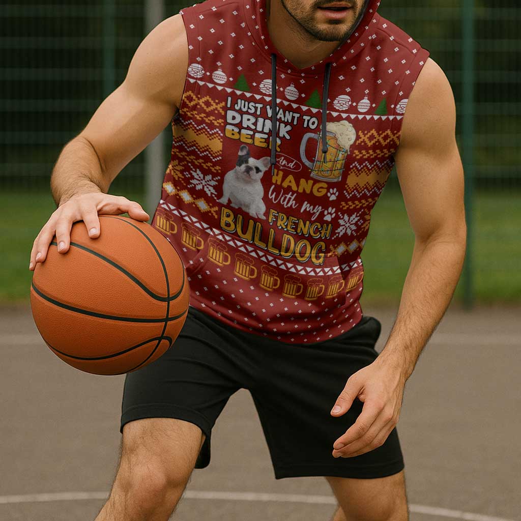 Drink Beer With French Bulldog Christmas Sleeveless Hoodie Xmas Holiday Patterns - Wonder Print Shop