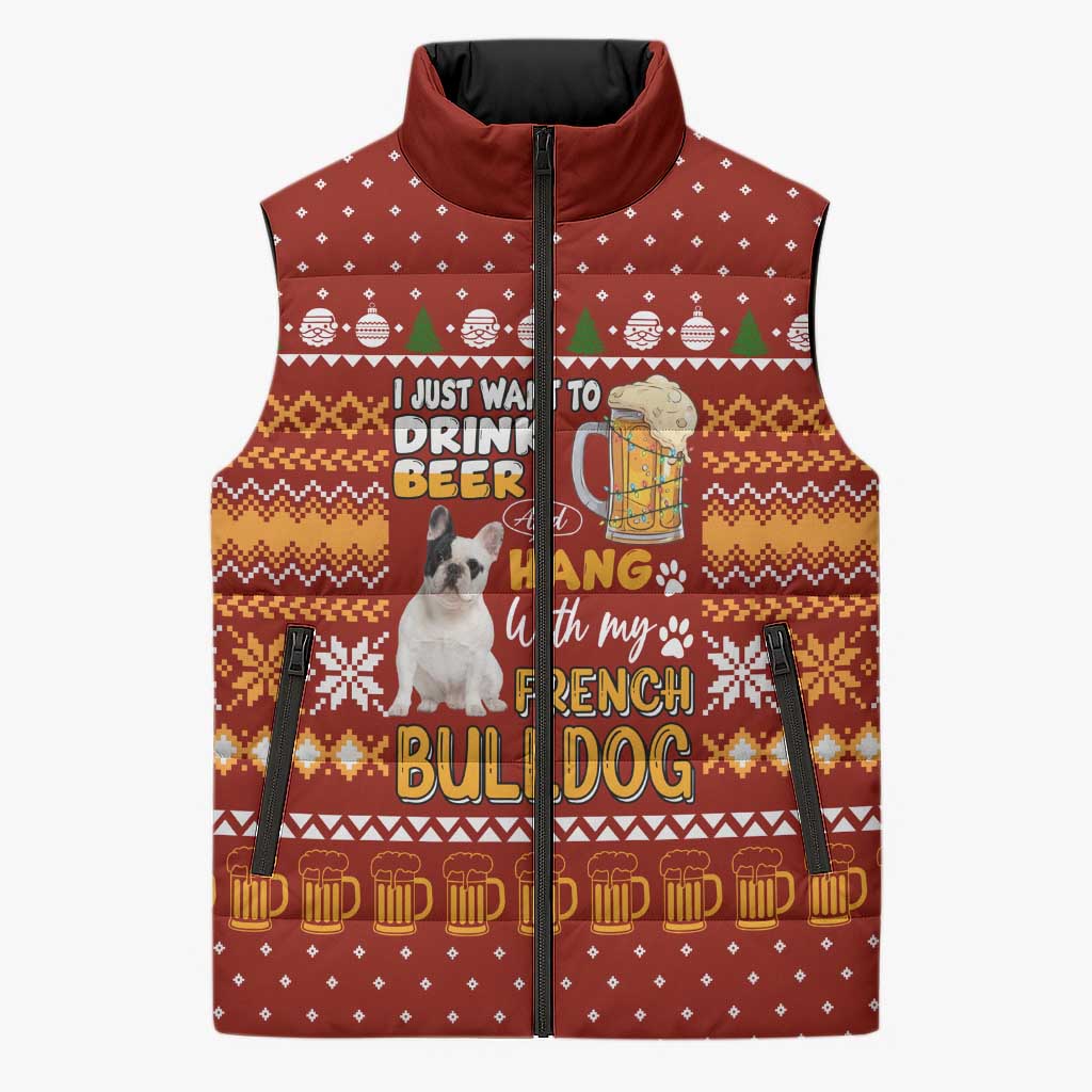 Drink Beer With French Bulldog Christmas Sleeveless Puffer Jacket Xmas Holiday Patterns - Wonder Print Shop