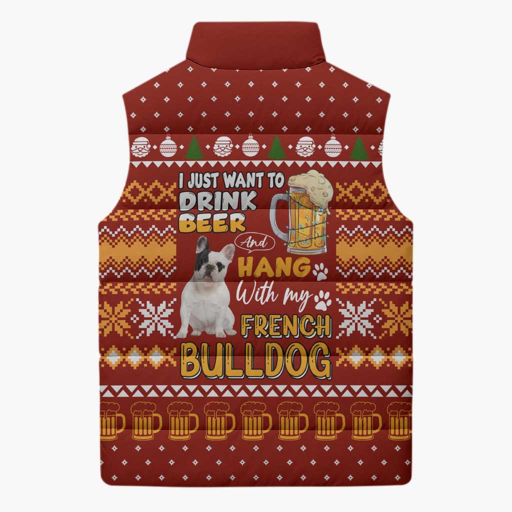 Drink Beer With French Bulldog Christmas Sleeveless Puffer Jacket Xmas Holiday Patterns - Wonder Print Shop