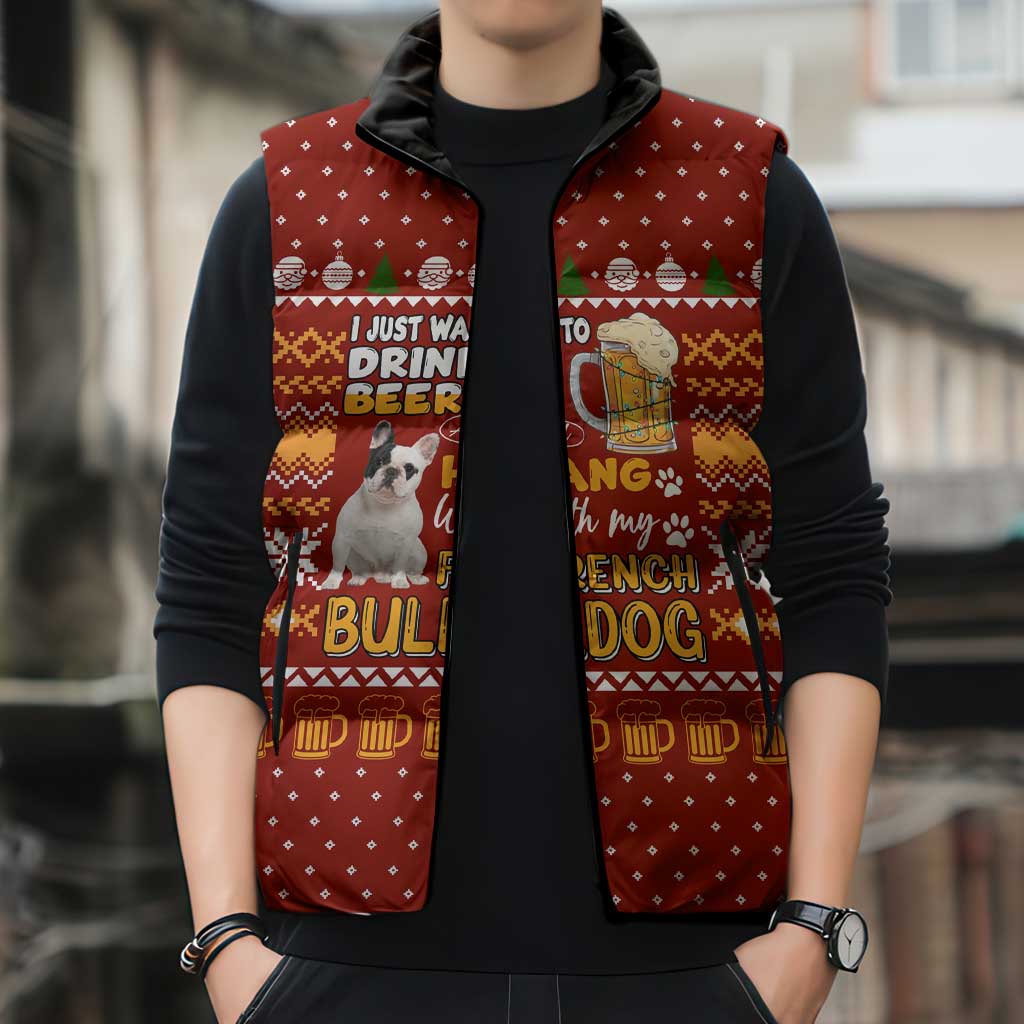 Drink Beer With French Bulldog Christmas Sleeveless Puffer Jacket Xmas Holiday Patterns - Wonder Print Shop