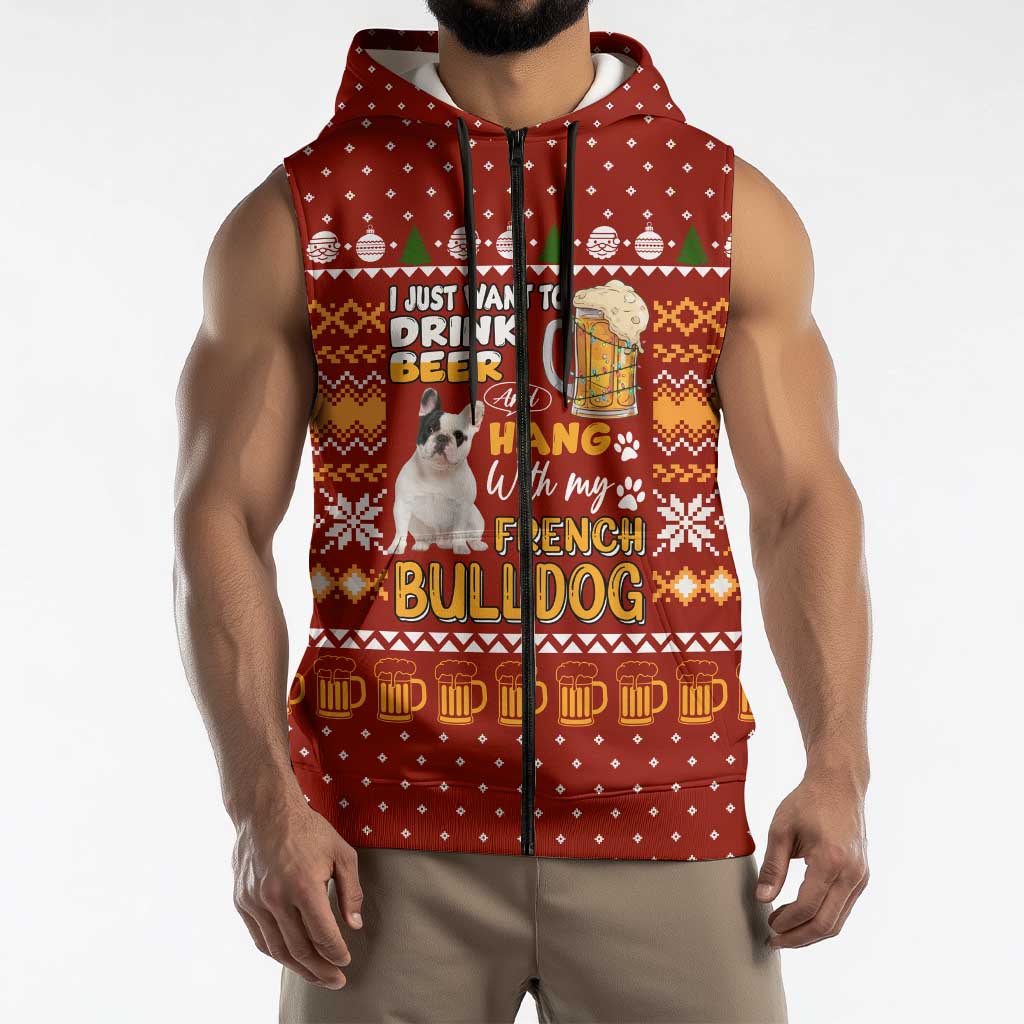 Drink Beer With French Bulldog Christmas Sleeveless Zip Hoodie Xmas Holiday Patterns - Wonder Print Shop