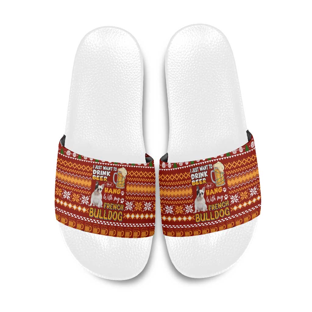 Drink Beer With French Bulldog Christmas Slide Sandals Xmas Holiday Patterns - Wonder Print Shop