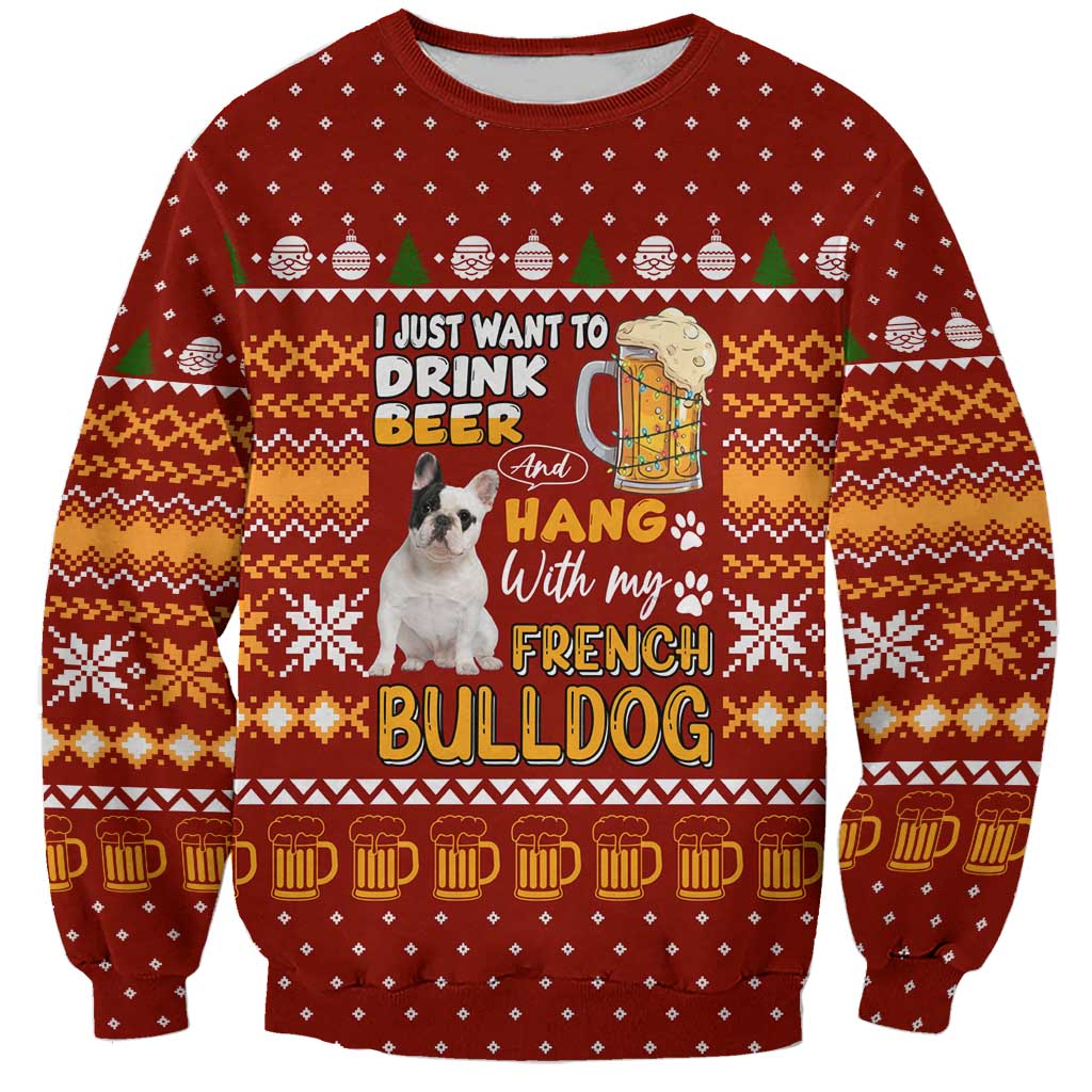 Drink Beer With French Bulldog Christmas Sweatshirt Xmas Holiday Patterns - Wonder Print Shop