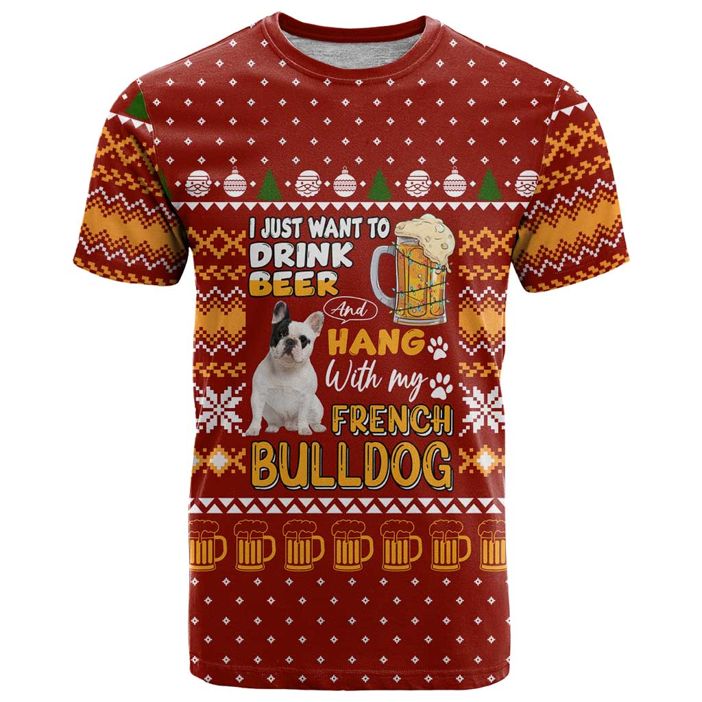 Drink Beer With French Bulldog Christmas T Shirt Xmas Holiday Patterns - Wonder Print Shop