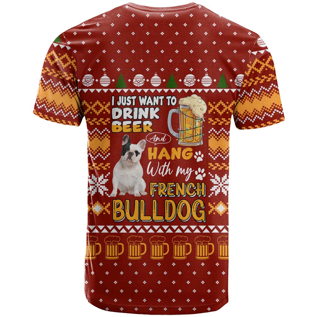 Drink Beer With French Bulldog Christmas T Shirt Xmas Holiday Patterns - Wonder Print Shop