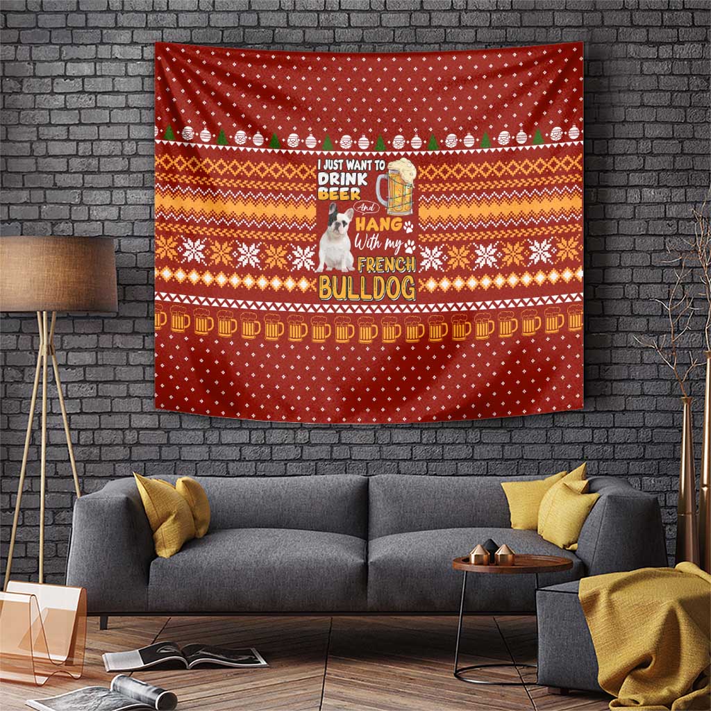 Drink Beer With French Bulldog Christmas Tapestry Xmas Holiday Patterns - Wonder Print Shop