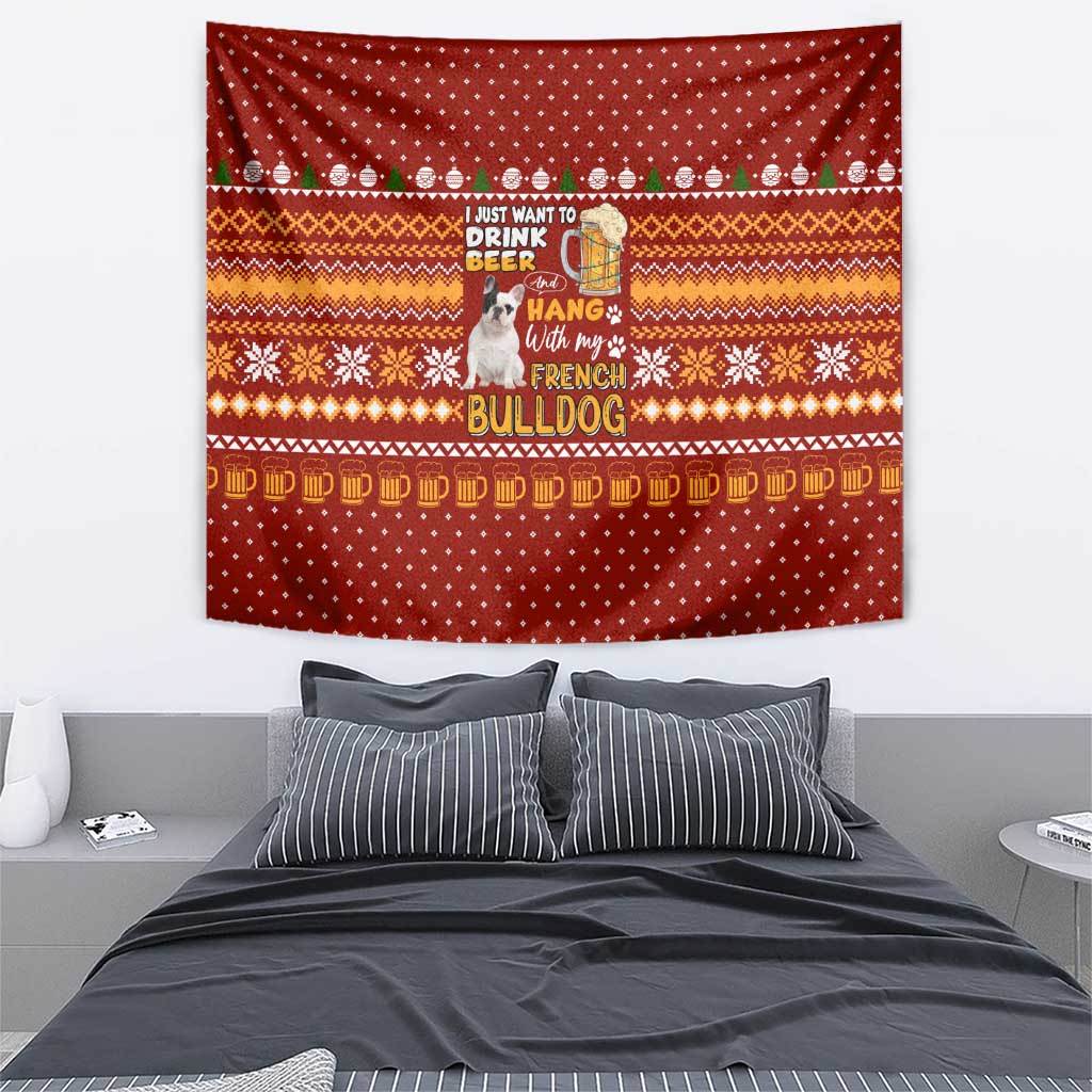 Drink Beer With French Bulldog Christmas Tapestry Xmas Holiday Patterns - Wonder Print Shop
