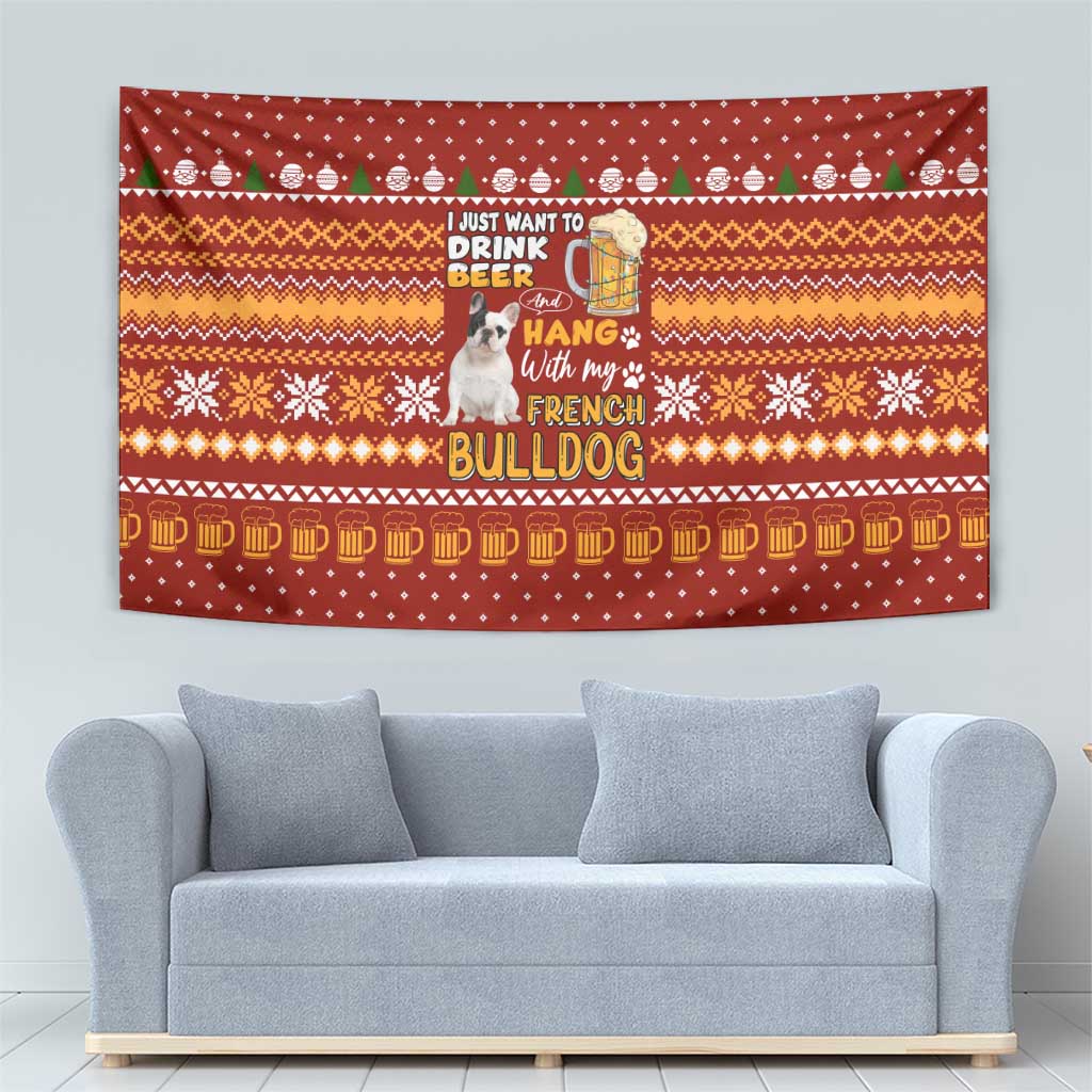 Drink Beer With French Bulldog Christmas Tapestry Xmas Holiday Patterns - Wonder Print Shop
