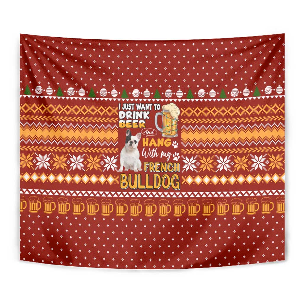 Drink Beer With French Bulldog Christmas Tapestry Xmas Holiday Patterns - Wonder Print Shop
