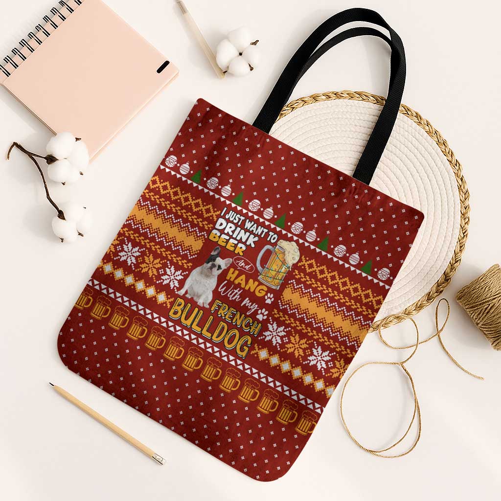 Drink Beer With French Bulldog Christmas Tote Bag Xmas Holiday Patterns - Wonder Print Shop