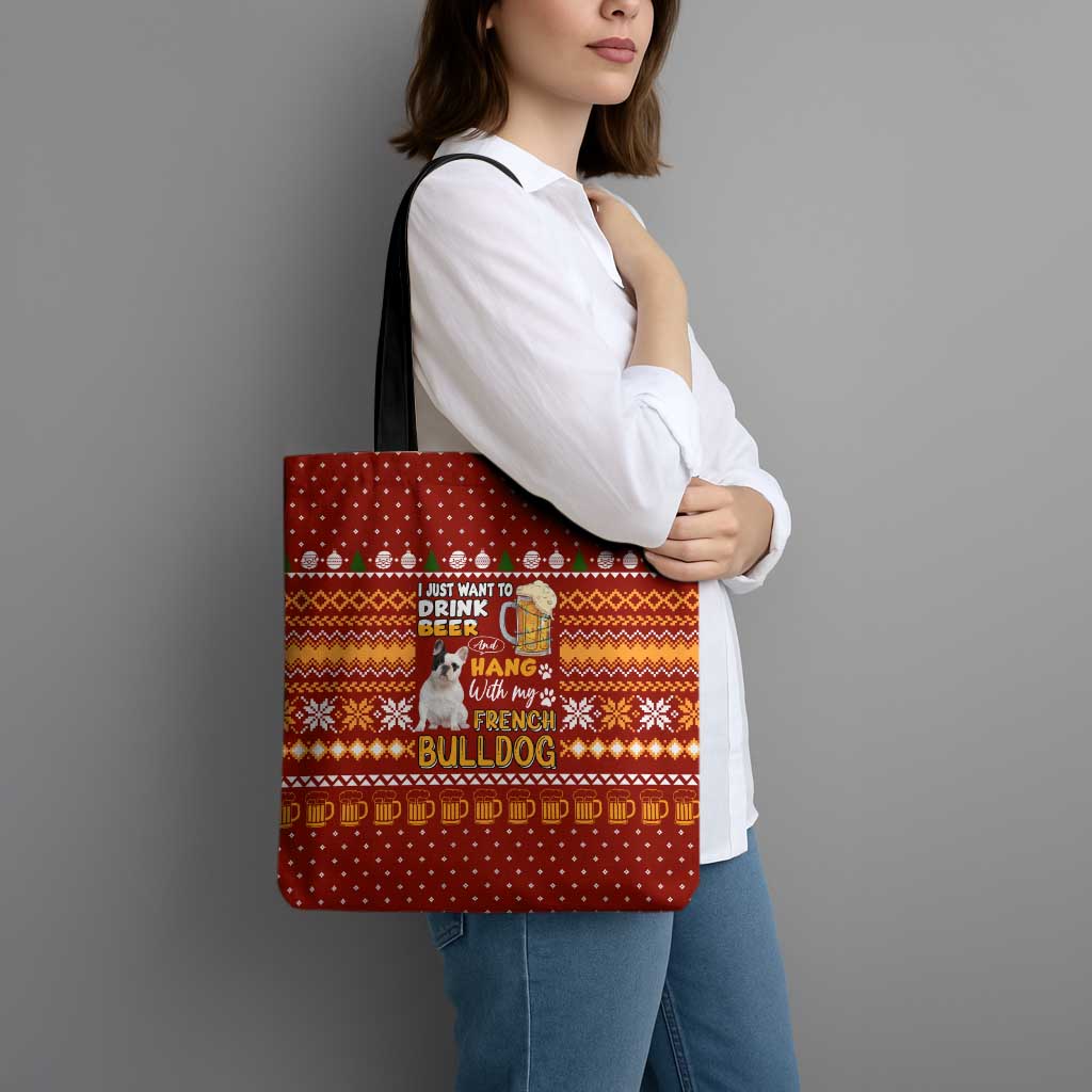 Drink Beer With French Bulldog Christmas Tote Bag Xmas Holiday Patterns - Wonder Print Shop