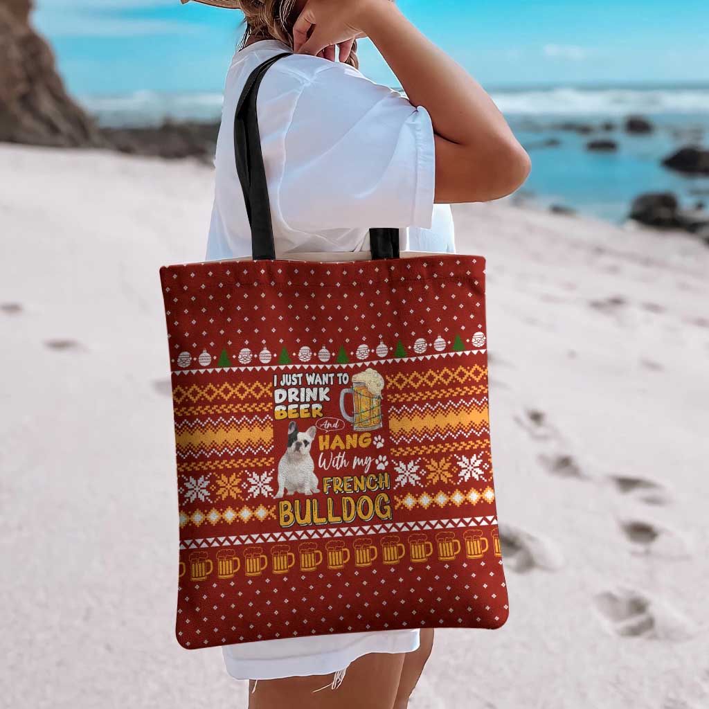 Drink Beer With French Bulldog Christmas Tote Bag Xmas Holiday Patterns - Wonder Print Shop