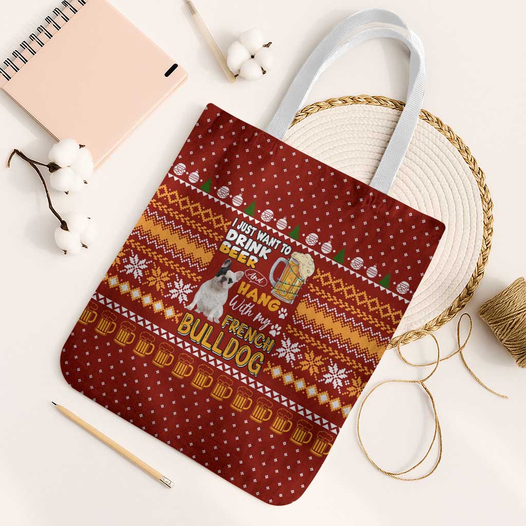 Drink Beer With French Bulldog Christmas Tote Bag Xmas Holiday Patterns - Wonder Print Shop