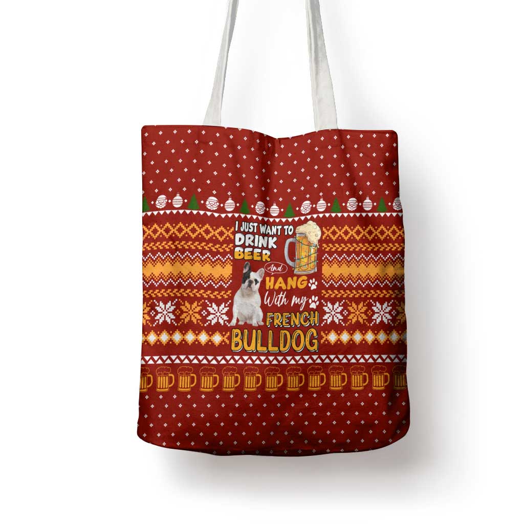 Drink Beer With French Bulldog Christmas Tote Bag Xmas Holiday Patterns - Wonder Print Shop