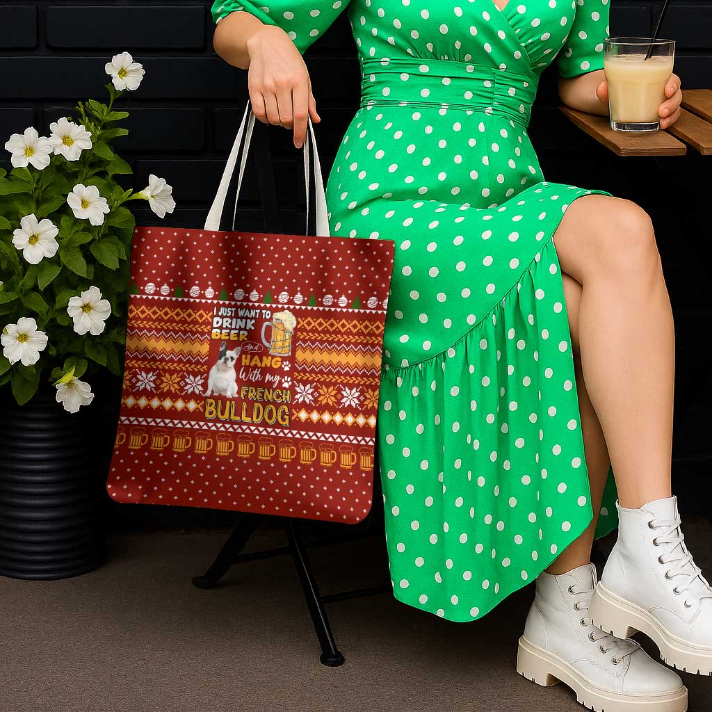 Drink Beer With French Bulldog Christmas Tote Bag Xmas Holiday Patterns - Wonder Print Shop
