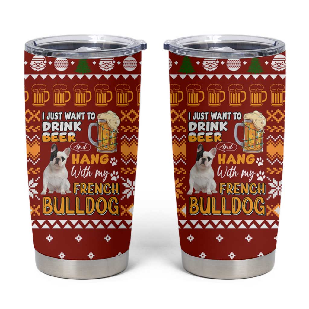 Drink Beer With French Bulldog Christmas Tumbler Cup Xmas Holiday Patterns - Wonder Print Shop