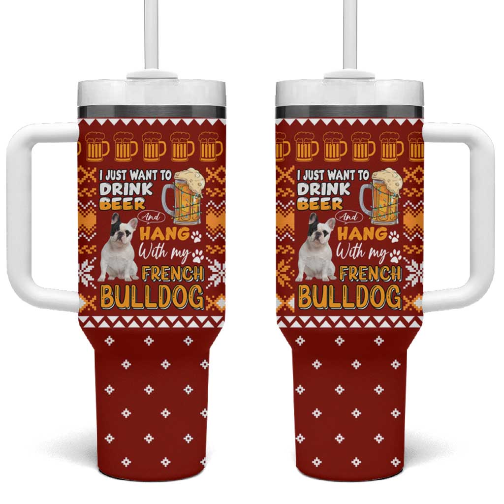 Drink Beer With French Bulldog Christmas Tumbler With Handle Xmas Holiday Patterns - Wonder Print Shop