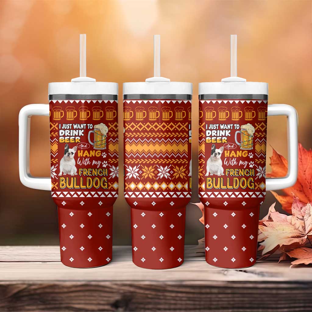 Drink Beer With French Bulldog Christmas Tumbler With Handle Xmas Holiday Patterns - Wonder Print Shop