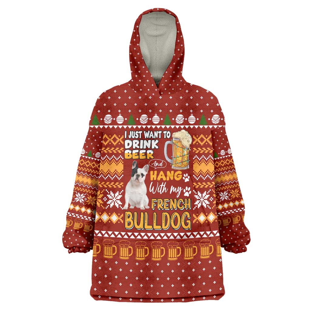 Drink Beer With French Bulldog Christmas Wearable Blanket Hoodie Xmas Holiday Patterns - Wonder Print Shop