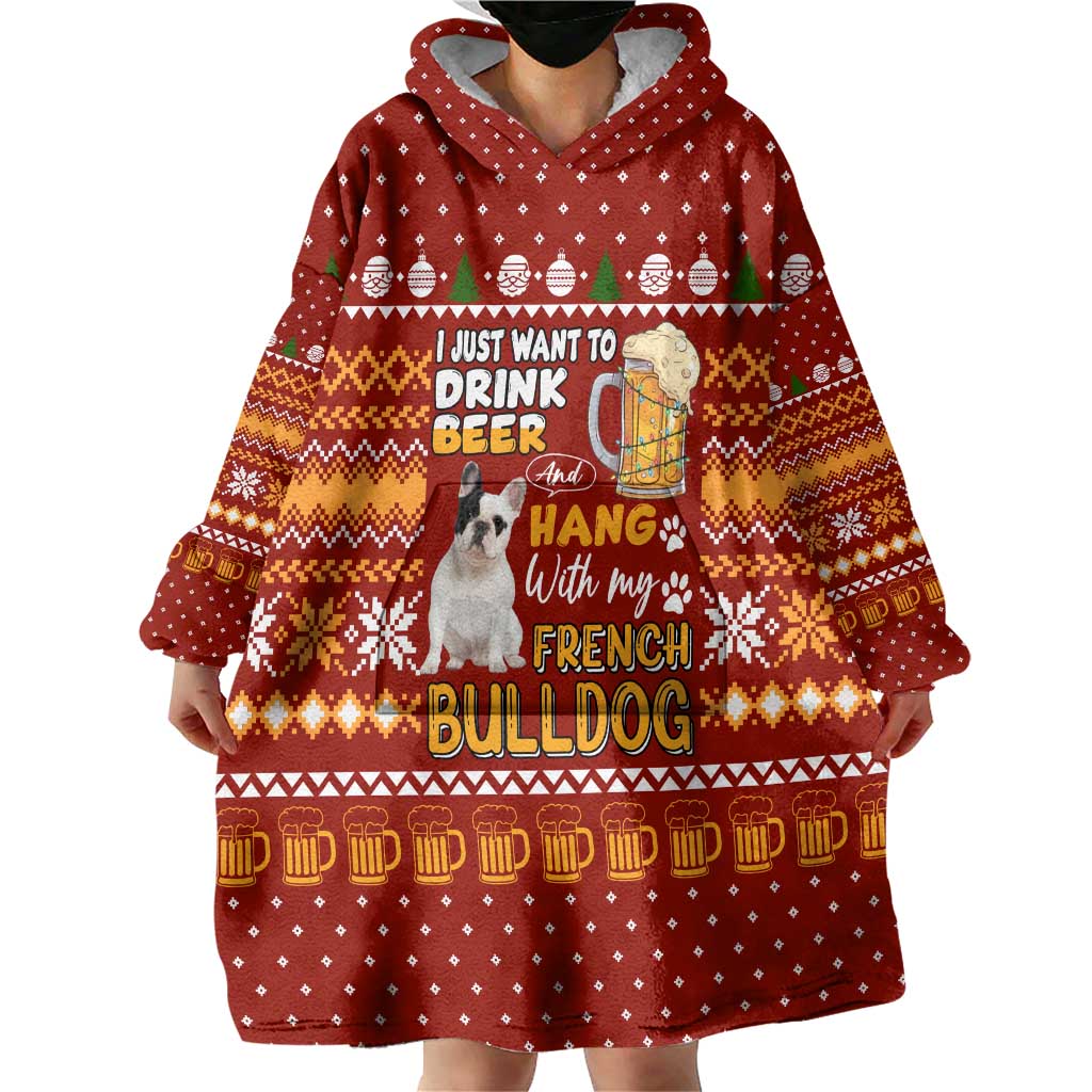 Drink Beer With French Bulldog Christmas Wearable Blanket Hoodie Xmas Holiday Patterns - Wonder Print Shop